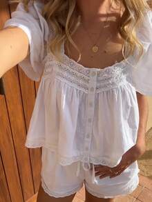 Women Y2k Lace Trim Shirt Babydoll Short Sleeve Ruffle Hem Flowy T Shirts Summer Boho Tops  Going Out Tops Streetwear - 白色 - 查看 8