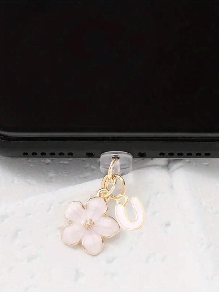 1 件时尚粉色花卉字母手机防尘塞，精致 A-Z 字母金属挂件，适合作为女性生日礼物，兼容 Lightning（5-14）/ Type-C 接口 - 粉色 - 查看 15