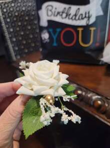 1pc Romantic Rose Flower With Gypsophila Artificial Green Plant Corsage, Suitable For Groom, Bride, Wedding, Engagement, Prom, Party Decoration