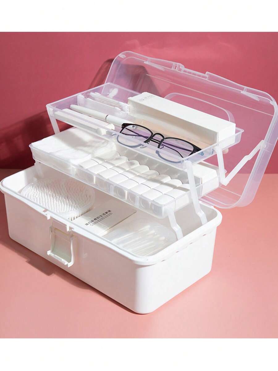 1pc Large Capacity Home Medicine Cabinet, 3-Tier Divided Medicine Cabinet, Portable Home First Aid Box, Moisture-Proof And Dust-Proof, Round Portable Handle, Suitable For Medicine Boxes And Bottles, Suitable For Bedroom, Living Room, Dorm And Other Spaces. - Multicolor - View 1