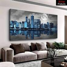 1 Piece Large Frame Canvas Painting Art Print,Biuteawal Black White Blue City Wall Art Chicago Pictures Decoration Moon Night Cityscape Skyline Canvas Painting Prints Framed Modern Home Living Room Bedroom Decor,High Quality Wall Art Printed Poster Can Be Hung Directly,Pine Frame,Night Decor,Office Art|Exquisite Home Art|Wooden Framed Art,Room Decor - Nhiều màu - Xem 1