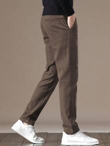 Men's Casual Solid Color Slant Pocket Pants, Suitable For Daily Wear - Coffee Brown - View 4