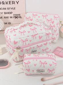 1 Bolsa de Cosméticos Grande com Estampa de Coração Rosa e Laço Acolchoada, Bolsa de Toucador Portátil com Zíper, Bolsa de Armazenamento de Maquiagem Pode Guardar Batom, Pincéis, Produtos de Cuidados com a Pele, Telefones Celulares, Moedas, Pequenos Itens, Adequada para Uso Doméstico, Viagem, Cruzeiro, Férias e Escola, Presentes de Dama de Honra de Casamento, Presentes de Aniversário, Presentes de Festival, Essenciais de Outono Universitários, Bolsa de Viagem de Férias para Mulheres, Bolsa de Maquiagem, Organizador de Maquiagem