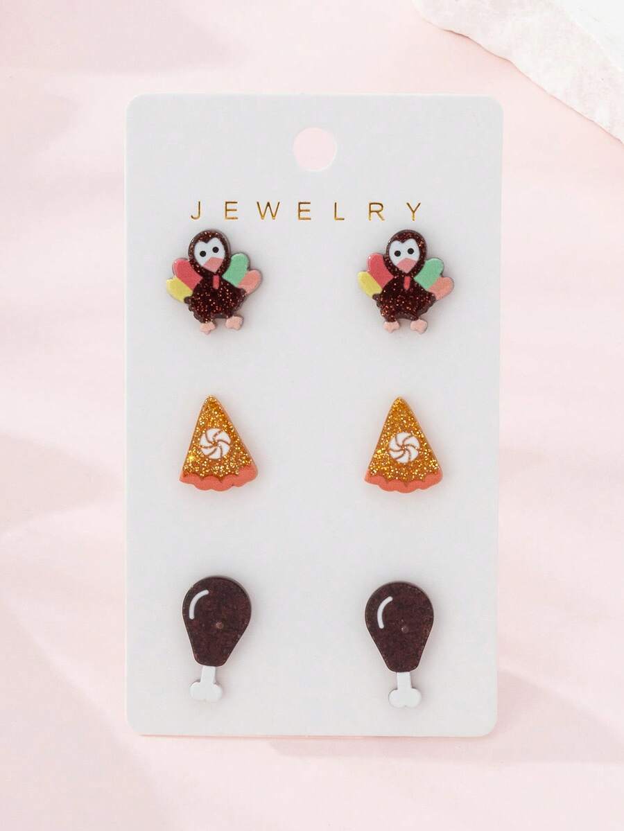 3 对/套感恩节闪亮火鸡、南瓜派、鸡腿设计时尚耳环套装,适合女士,节日派对的完美礼物 - 彩色 - 查看 1