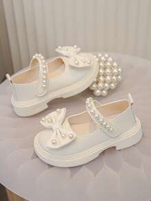 Girls' Cute Solid Color Big Bow Faux Pearl Design Outdoor Loafers Princess Flats - Beige - View 4