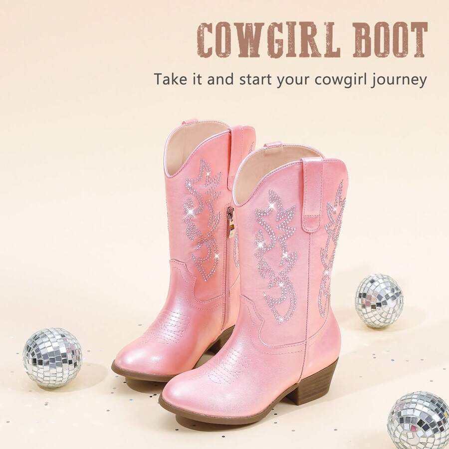 Girls Rose Pink PU Western Cowboy Boots Pointed Toe Mid Calf Rhinestone Riding Cowgirl Boots For Toddler Little Big Kids Party School Holiday Dress Up - 玫瑰粉 - 查看 1