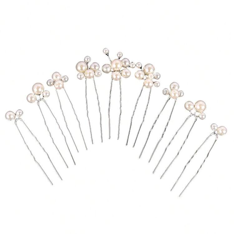 9件套仿珍珠花朵发夹侧梳套装婚礼发饰叶形头饰新娘发夹饰品时尚头饰情人节配饰 - 彩色 - 查看 3