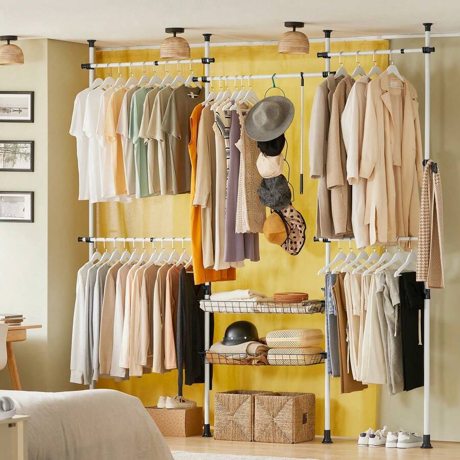 SoBuy Telescopic Rod Clothes Rack With 5 Clothes Rails And 2 Baskets Telescopic Wardrobe System Adjustable Shelving System W (209-311) X H (200-285) Cm White KLS04