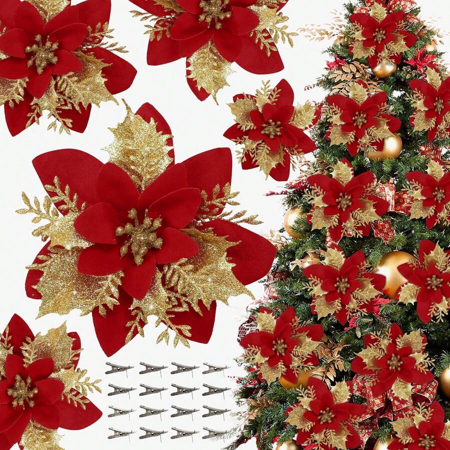 Set de 10 piezas de cabezas de flores artificiales para decorar árbol de Navidad, corona, decoraciones para Navidad, boda, fiesta y vacaciones (Rojo y Dorado) - 10 cabezas de flores rojas. - Ver 1