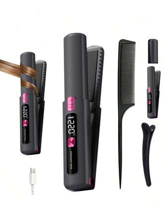 直发器、无线充电平板夹（LCD）、无线直发器 4500mAh、便携式旅行直发器和卷发器二合一、迷你陶瓷卷发器、USB 充电热工具电池容量 4500mAh