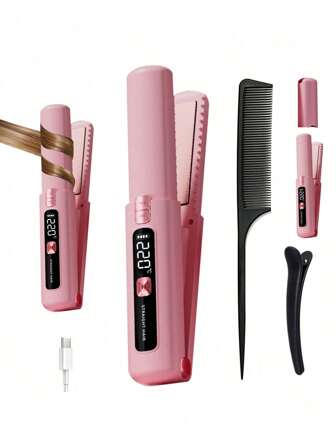 4500mAh Wireless Rechargeable Hair Straightener With LCD Display, 2-In-1 Portable Travel Hair Straightener & Curler, Mini Ceramic Hair Curling Iron, USB Rechargeable Hair Styling Tool, 4500mAh Battery Capacity