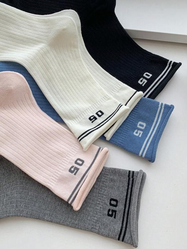 3 Pairs Women's Street Style Striped Number Print Casual Mid-Calf Socks, Versatile For Daily Wear, Spring & Autumn