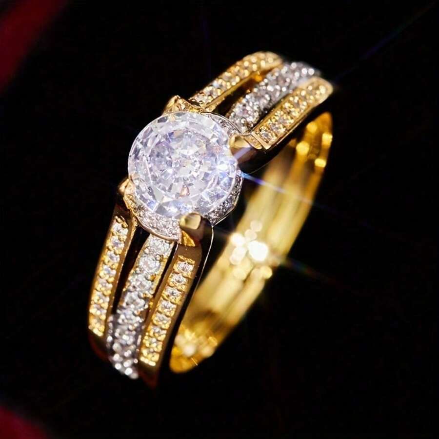 Elegant Promise Ring 14k Plated With Sparkling Zirconia, Engagement/Wedding Ring, Perfect Gift, Suitable For Women Or Silvery, Choose - Vàng - Xem 1