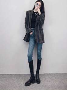 Botas altas para mujer, botas de montar de tacón grueso, botas elásticas con cremallera trasera, botas altas de tacón alto, puntera redonda, botas cálidas de otoño/invierno 2025, botas de moda, adecuadas para fiestas, oficina, viajes, eventos, vacaciones, uso diario, botas para todas las estaciones, zapatos cómodos para exteriores