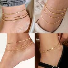 Gold Ankle Bracelets For Women, 14k Gold Plated Waterproof Cuban Link Chain Anklets Set, Layered Anklet Bracelets For Women Beach Gift Adjustable Size 5pc - Style03-金色 - 查看 3
