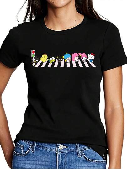 SANRIO HELLO KITTY Women's Short-Sleeved Crew Neck Casual T-Shirt With HELLO KITTY Print. Made Of Pure Cotton. Machine Washable. Suitable For All Seasons. Summer Wear. Fun, Sexy, Avant-Garde And Personalized Design. Opaque Fabric.