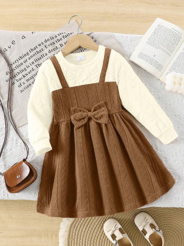 1 pieza Vestido de manga larga de punto suave con lazo para niñas, adecuado para uso al aire libre, otoño/invierno