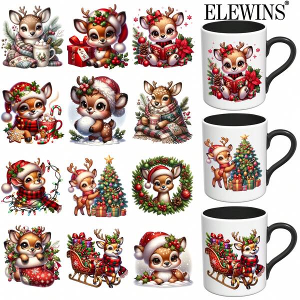 ELEWINS Christmas Reindeer UV DTF Wraps, 12-Pack, Waterproof Decorative Transfer Paper For Mugs, Cups, Bottles, School Supplies, Crafts, DIY Art - Easy To Apply, Durable & Reusable Plastic Material( Without Mugs)
