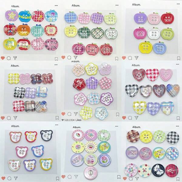 15/30pcs Assorted Fresh Plaid, Cartoon Apple, Clover, Bear, Flower Round 4-Hole Buttons, Suitable For Dresses, Coats, Shirts Sewing, DIY Accessories, Hair Decoration, Phone Case Decor, Phone Lanyard & Key Chain