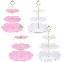 4 Packs 3 Tier Cupcake Stand Plastic Macaroon Stand Round Plastic Dessert Display Serving Tray Reusable Tea Party Stand For Wedding Birthday Tea Party White Pink