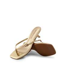Women Comfortable Kitten Heel Thong Heeled Sandals Fashion Square Open Toe Slip On Casual Slides - 金色 - 查看 4