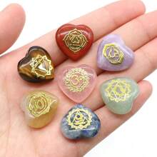 7pcs/Pack Heart Shaped 7 Chakra Natural Stone Ornament Amethyst Quartz Engraved Symbols Non Hole Stone 20mm - Heart-shaped Multi-color - View 1