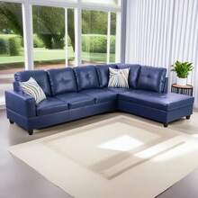 L-Shaped Sofa PU Leather Sectional Sofa Upholstered 2-Piece Sofa Set For Living Room With Recliner, Suitable For Various Homes/Offices And Small Apartments/Couch/Futon/Bean Bag/Furniture/Muebles Para Sala - Blue(Right) - 查看 2