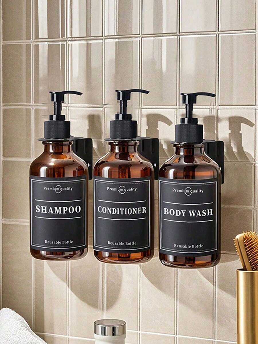 16.9 盎司/500 毫升亮棕色洗发水和护发素分配器套装，带壁挂支架打孔安装的泵瓶分配器，乳液泵瓶，带防水标签的沐浴皂分配器，可再填充的塑料洗发水瓶 - 适用于浴室淋浴壁的洗洁精洗发水护发素沐浴露分配器