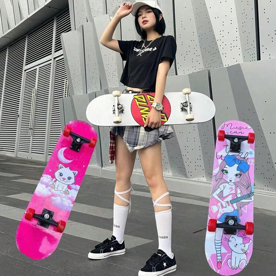 80cm Scooter, Skateboard Beginner, Male And Female Cartoon Double Flip Four Wheel Scooter