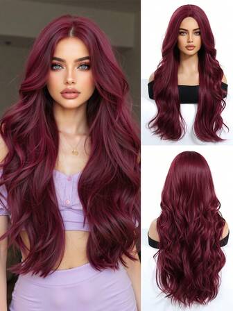 Vinröd peruk 28 tum för kvinnor långt lockigt hår mittendel syntetisk peruk lång rak syntetisk peruk värmebeständigt fiberhår full maskin cosplay festperuk för kvinnor moderiktiga kvinnor heta