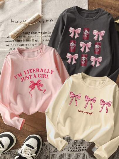 3件套少女印花长袖T恤，适合秋冬季叠穿，年轻学生服装，可作外衣或内搭。