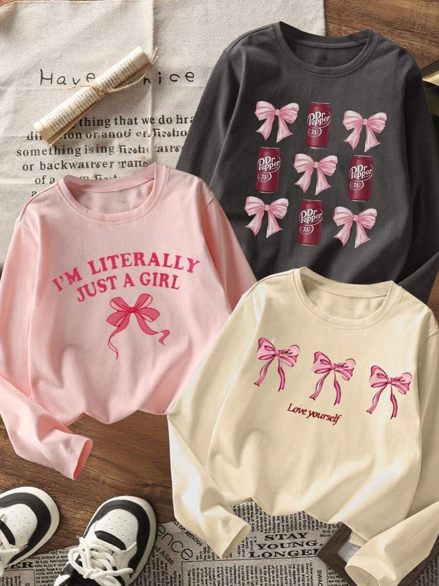 3件套少女印花长袖T恤，适合秋冬季叠穿，年轻学生服装，可作外衣或内搭。