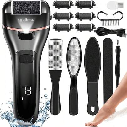 Lima per piedi, fresatrice per talloni, set di 6 rulli senza fili, strumenti per pedicure, rimozione calli per piedi, rimozione di pelle dura impermeabile e ricaricabile tramite USB, per il trattamento di talloni secchi e screpolati, calli e pelle morta.
