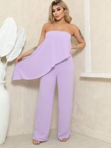 Long Asymmetrical Strapless Pantaloon Jumpsuit Spring Summer - Lilac Purple - View 5