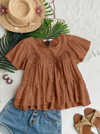 Rusttydustty 女士白色V领短袖叠层下摆衬衫，波西米亚风格，适合海滩装扮、夏威夷音乐节和热带夏季度假