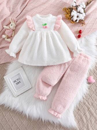 Girls' Warm & Soft Round Neck Long Sleeve Plush Sweater, Thickened Fleece Lantern Pants, Cute 2 Pieces Set, Autumn/Winter
