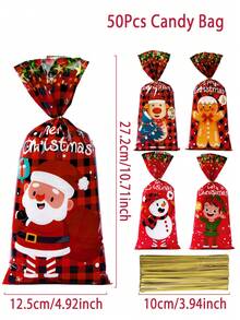 25/50/100pcs Christmas Gift Bags With Golden Ribbon, Merry Christmas Candy Bags, Snowman Santa Claus Gift Wrapping Bags, Christmas Cellophane Treat Bags, Christmas Party Favor, Christmas Party Supplies, Cookie Baking Packaging Bags, Christmas Decoration, Xmas Gifts, 2026 New Year