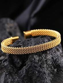 1pc Stainless Steel Fashionable Personalized Circular Soft Bangle Bracelet, Delicate Line Embossed Luxury C-Shaped Adjustable Women Jewelry