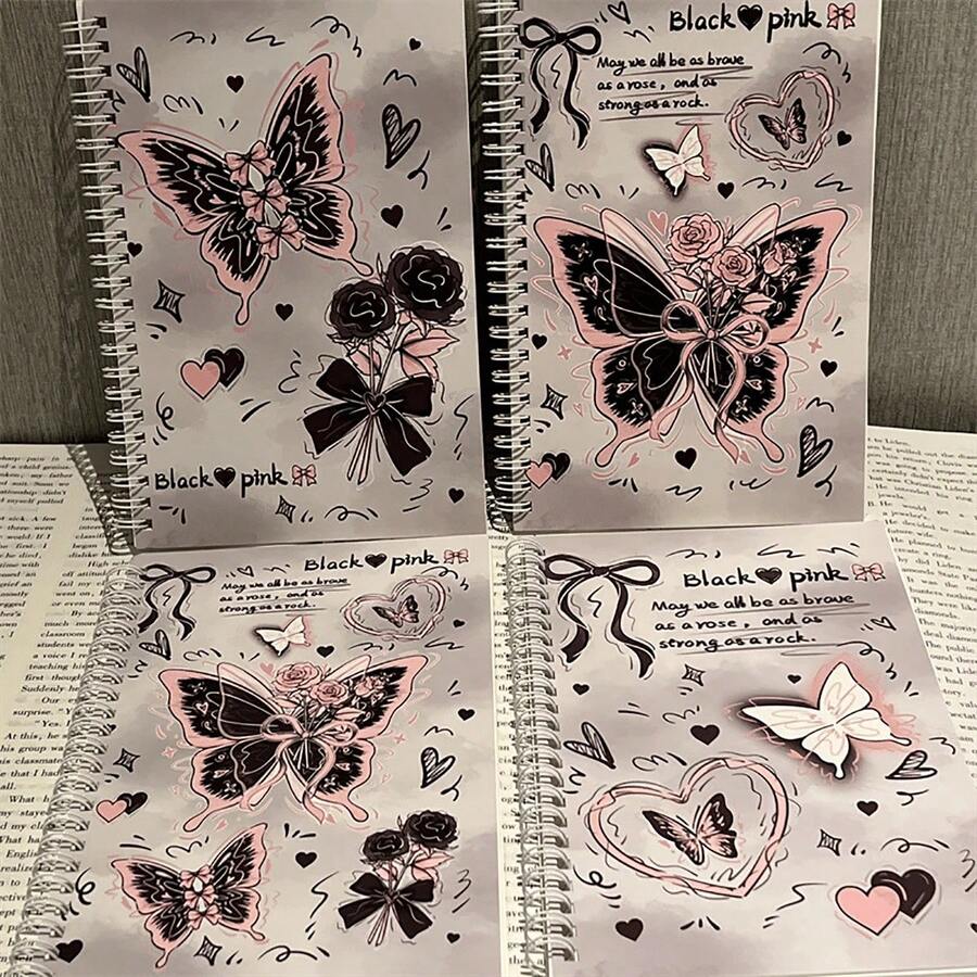 4本芭蕾粉蝴蝶ins风高颜值少女心线圈本加厚学生作业本大号笔记本开学记事本(A7) - 彩色 - 查看 1