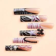 Extra Long Press On Nails Black French Tip Fake Nails Square False Nails With Bow Rhinestones Designs Extra Long Square Nail Press Ons Sparkly Glue On Nails Cute Stick On Nails For Women - Long Style-c5C28 - View 5