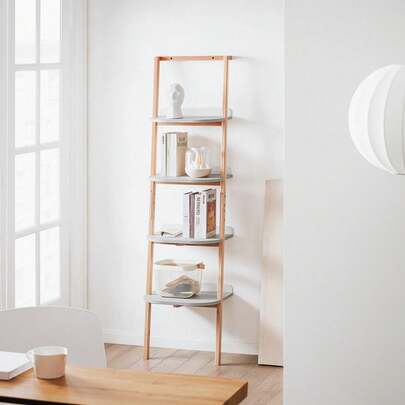 SoBuy Ladder Shelving Unit With 5 Levels Bookcase Multifunctional Shelving Unit Bathroom Shelf Wall Shelf Gray And Natural W 44 X 169 X 39 Cm HSTR02-K-HG