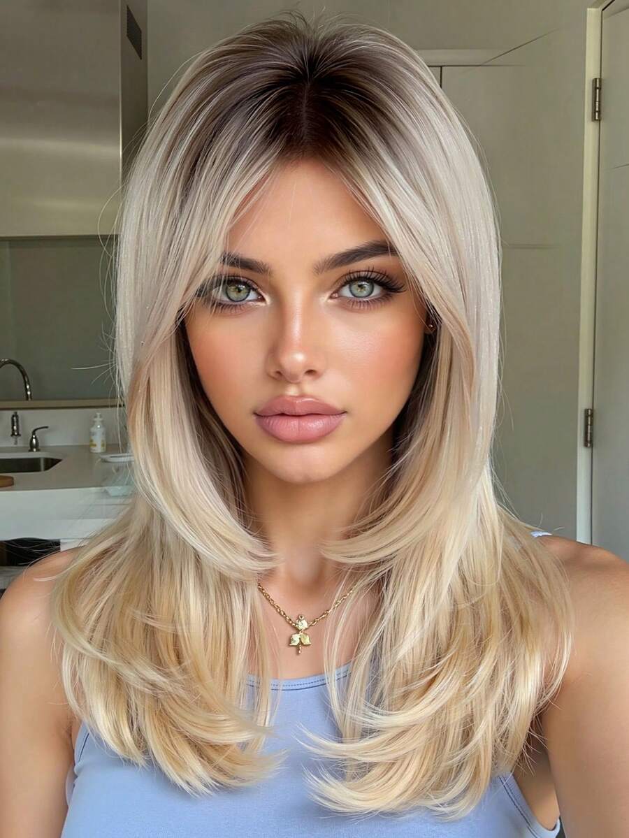 Elegant Straight Hair Wig For Ladies, Gradient Gold Wig 18 "With Bangs -100% Long Filament Synthetic Yarn, Rose Net Cap, Reshaping Effect, Heat-Resistant Fiber, Suitable For All Users As A Gift - 漸變金色 - 查看 1
