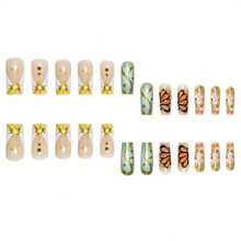 Long Square Press On Nails French Tip Fake Nails Gold Glitter False Nails With 3D Butterfly Designs Long Glue On Nails Sparkly Artificial Nails Cute Stick On Nails For Women 24Pcs - 長款-C5C43 - 查看 3