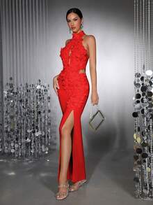 全新时尚 3D 花卉性感立领无袖镂空露背高开衩绷带连衣裙，优雅女士正式晚礼服，适合婚礼、派对、节日 - 紅色 - 查看 10