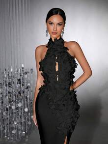 全新时尚白色碎花 3D 性感立领无袖镂空露背高开衩绷带连衣裙，优雅女士正式晚礼服，适合婚礼、派对、节日 - 黑色 - 查看 6