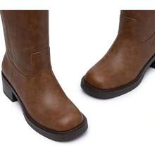 Women's Knee High Square Toe Chunky Block Riding Boots, Low Heel, 2025 Fashion - 棕色 - 查看 6