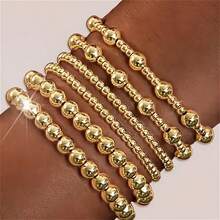 6pcs Set Of Fashionable And Elegant Multi-Specification CCB Handmade Elastic Beaded Bracelet Set, Personalized Stacked Joint Chain For Women - 金色 - 查看 1