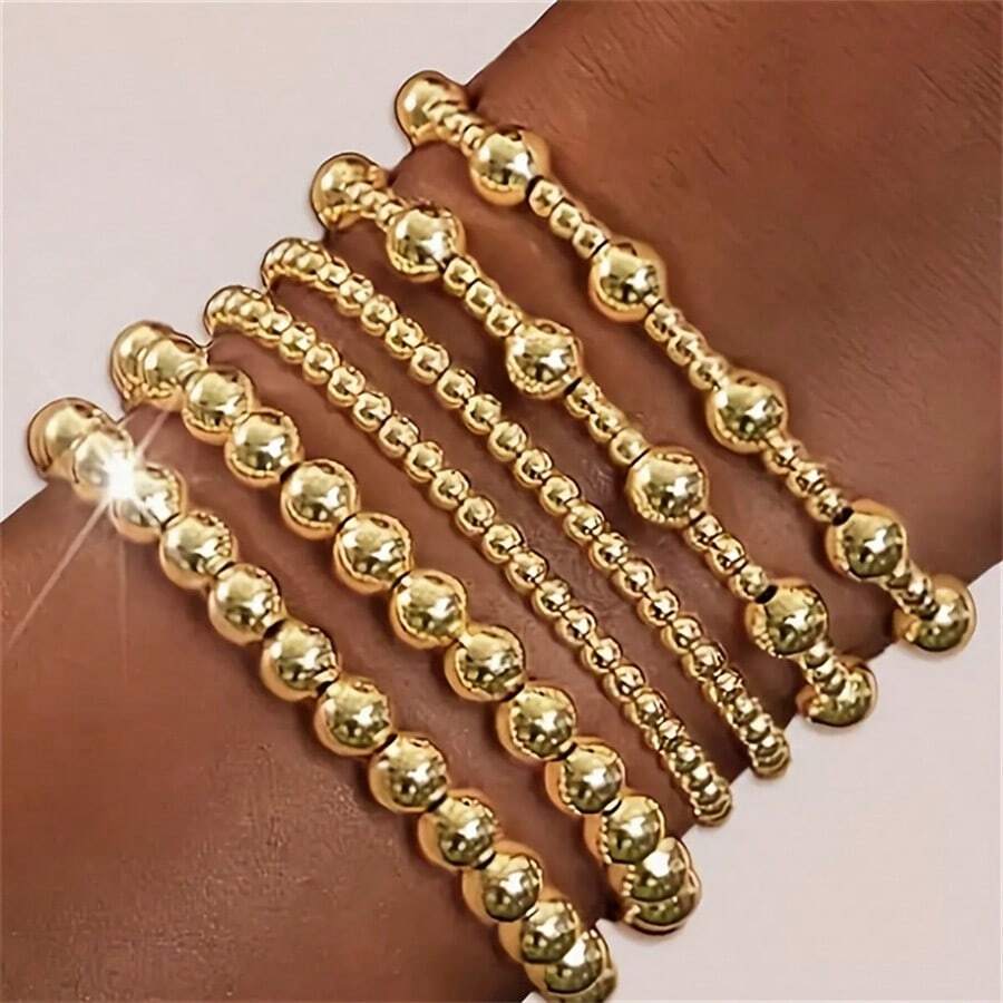6pcs Set Of Fashionable And Elegant Multi-Specification CCB Handmade Elastic Beaded Bracelet Set, Personalized Stacked Joint Chain For Women - 金色 - 查看 1