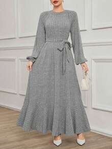 Đầm dệt kim dài tay phồng, cổ tròn, thắt eo, viền bèo nhún dành cho nữ cỡ lớn, thanh lịch cho mặc hàng ngày, mùa xuân/thu, thích hợp cho lễ Eid, các buổi họp mặt năm mới và đi làm/đi chơi thường ngày. - Xám - Xem 3