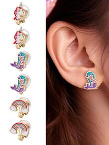 3 对/套锌合金独角兽、美人鱼和彩虹形夹式耳环，无需穿孔，适合日常佩戴的装饰配件